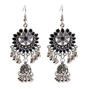 Rajasthani enamel black + silver dangling earrings meenakari minakari Indian NWT